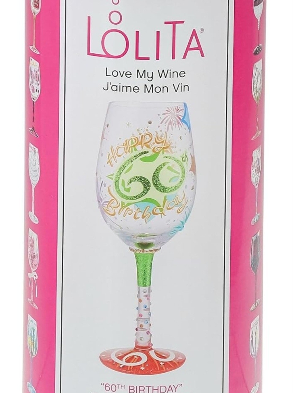 Lolita Green Glitter 60th Birthday Wine Glass with Multicolor Dots